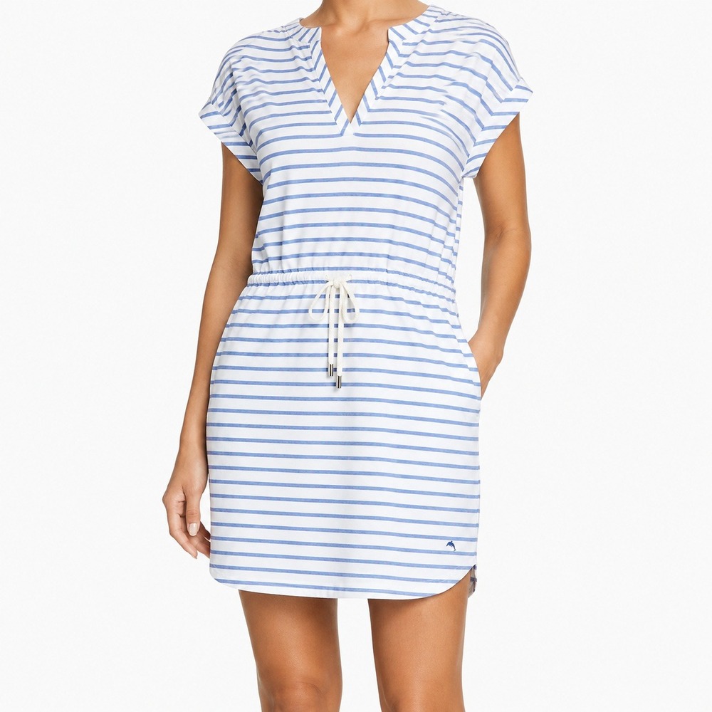 Tommy Bahama XS Blue White Striped Drawstring Waist Mini Dress Short Sleeve - Picture 2 of 8